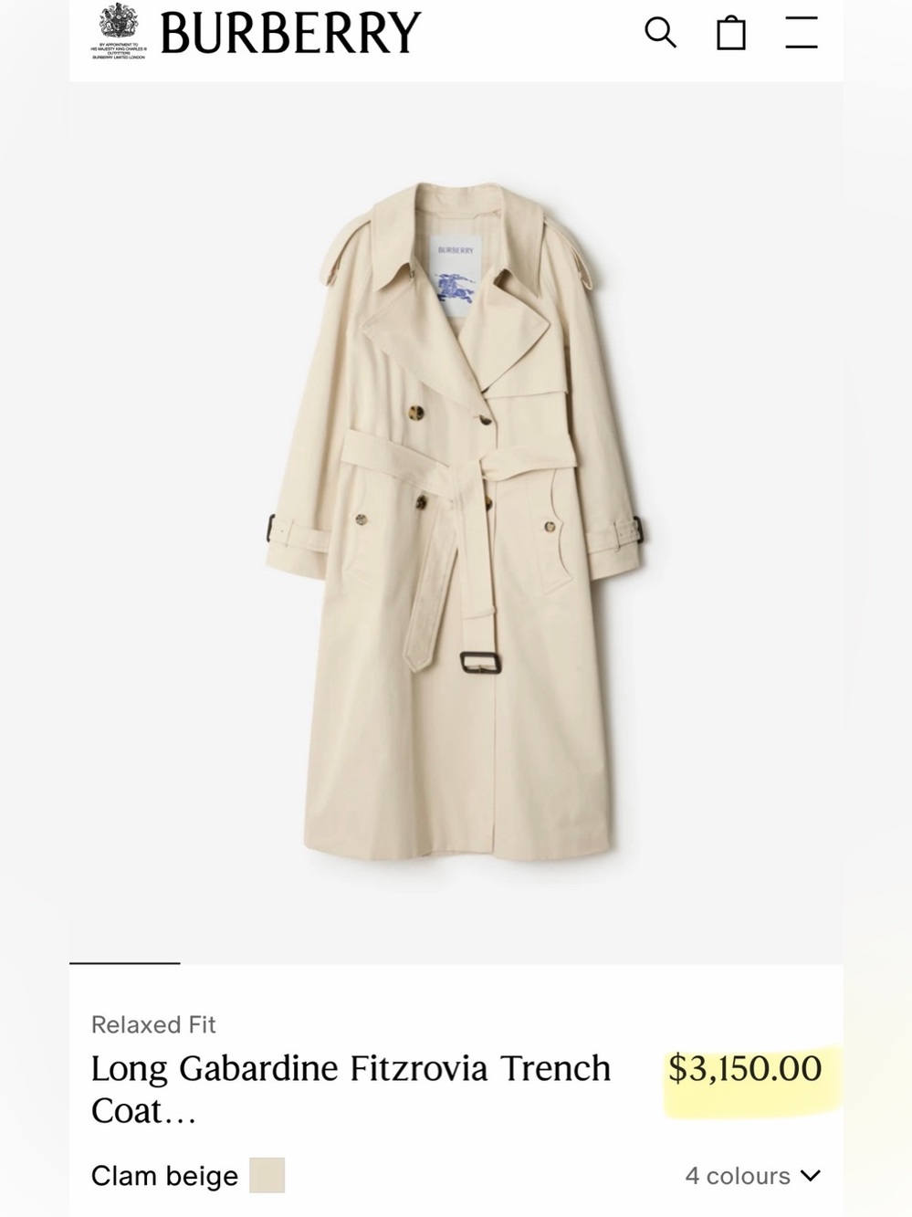 BURBERRY LONG GABARDINE FITZROVIA TRENCH COAT IN CLAM BEIGE